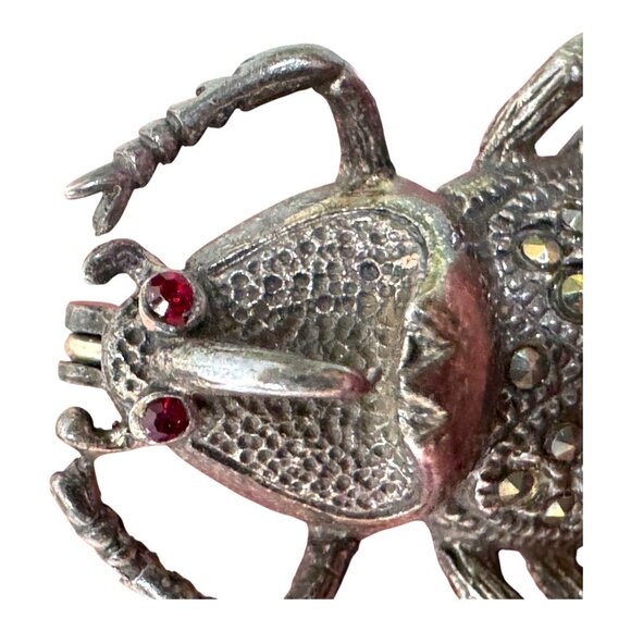 Vtg Sterling Silver Scarab Beetle Brooch Ruby Red Crystal Eyes Egyptian Art Deco - Picture 4 of 6